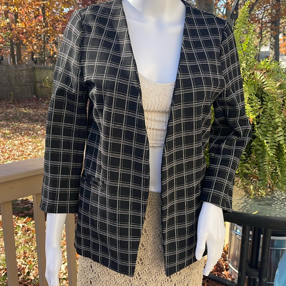 Black Windowpane Open Front Blazer
